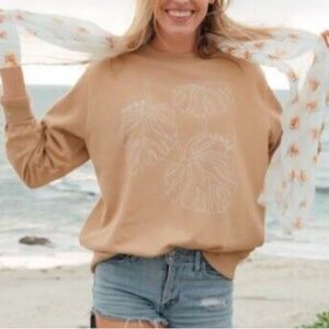 Post Surf Tan Sweatshirt with White Monstera Leaves‎ Design. Size Medium. NWT.